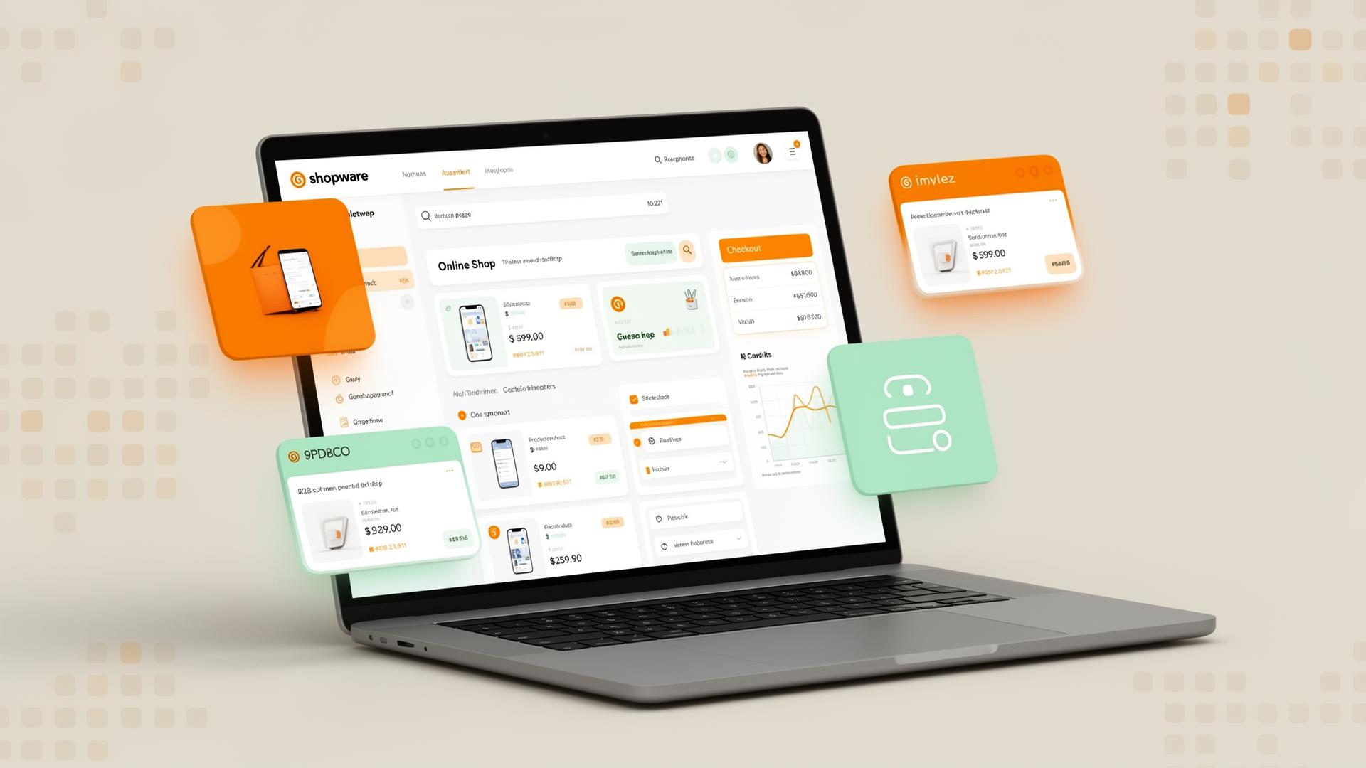 Shopware-Dashboard mit Produkt-, Checkout- und Analyse-Karten