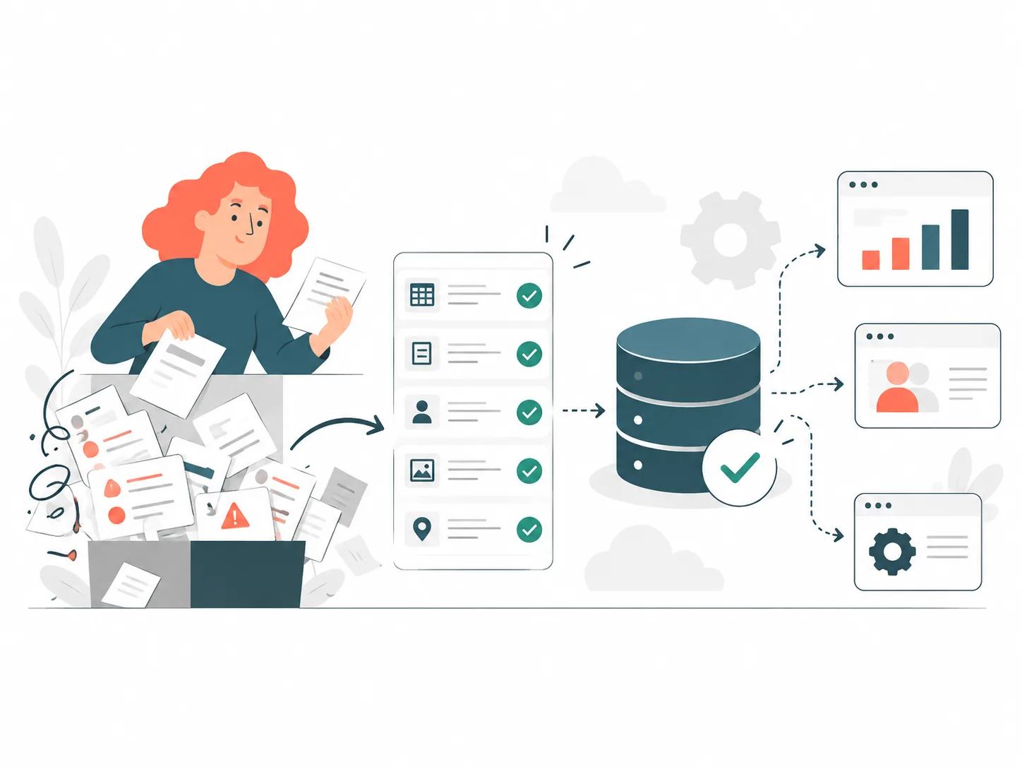 Illustration einer Frau mit ungeordneten Dokumenten, die geprüft in eine Datenbank und von dort in angeschlossene Systeme fließen