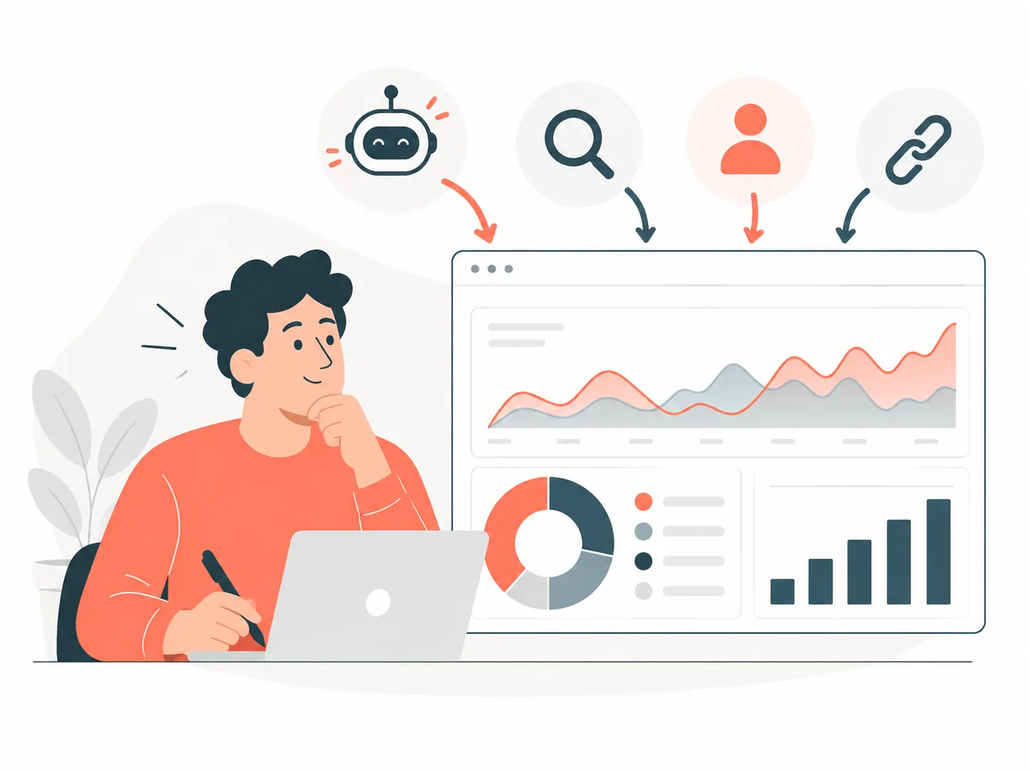 Illustration einer Person vor einem Analyse-Dashboard, in das Besuche aus KI-Assistenten, Suche und Verweisen einfließen